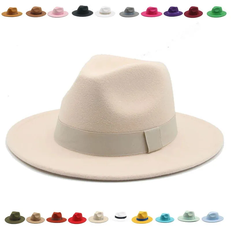 Fedora Hat Wool - フェドラハット 女性用冬用帽子 リボンバンド付き メンズハット ワイドブリム クラシック