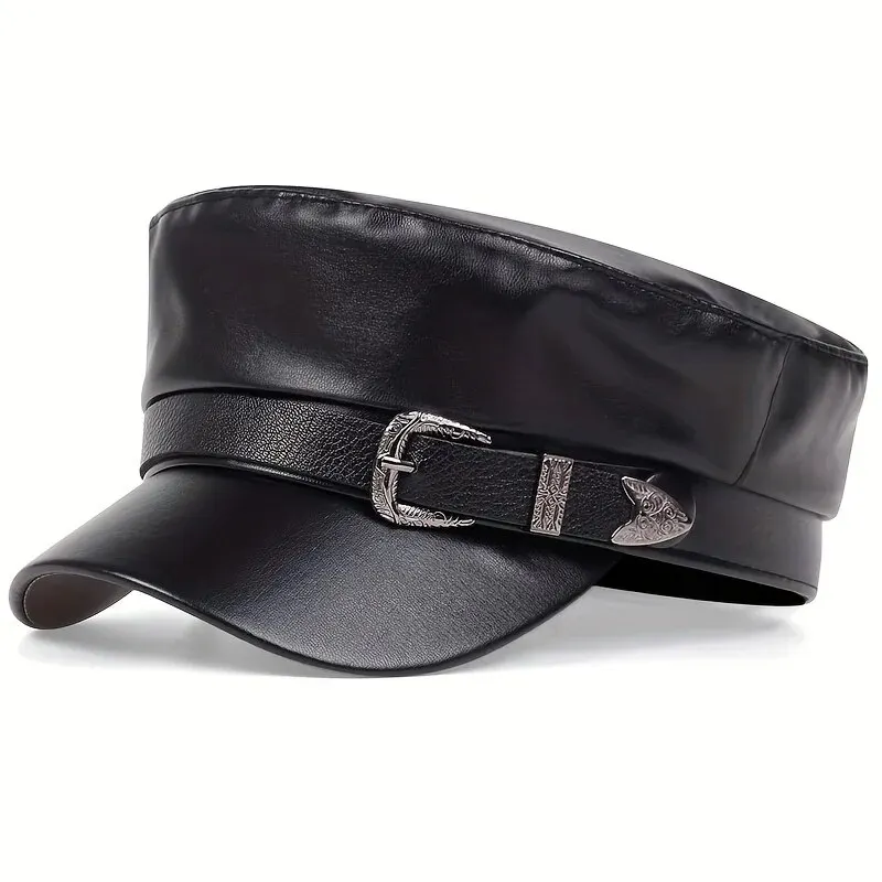 Snapback Hat Flat - ファッション女性用大型ベルトバックルレザーハット春秋セーラーハットブラックレディースベレー帽メンズフラットトップキャプテンミリタリーキャップ
