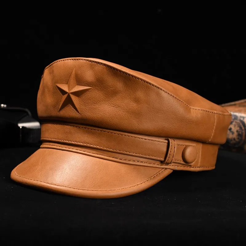 Snapback Hat Flat - 小説軍キャップ男性のためのレトロフラット軍事キャップ男性本革牛革黒茶色の帽子ヨーロッパベルト帽子